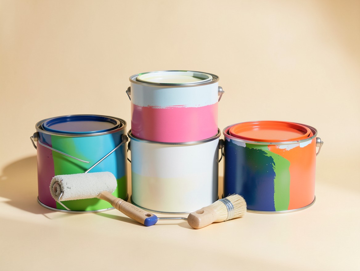 Pinturas de colores, rodillo y brocha